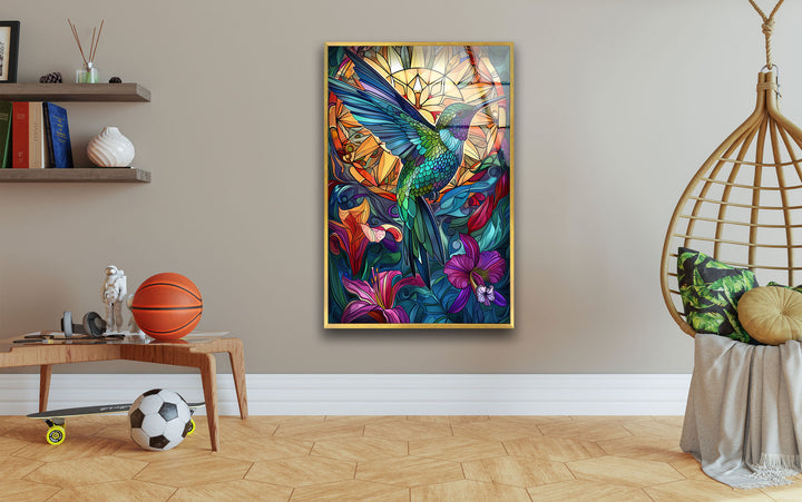 Hummingbird Green Stained Glass Wall Art print picture on glass, Tempered Glass Wall Art
