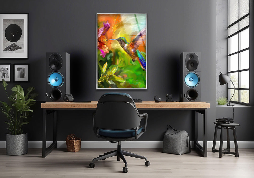 Green Hummingbird Oil Art Glass Wall Art glass pictures for Wall, glass prints wall art
