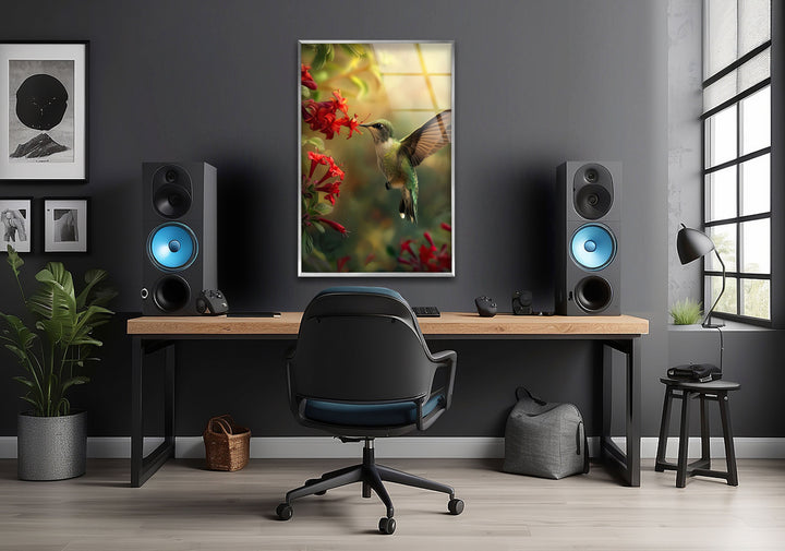 Green Hummingbird & Red Flowers Glass Wall Art glass art painting, glass art for the Wall
