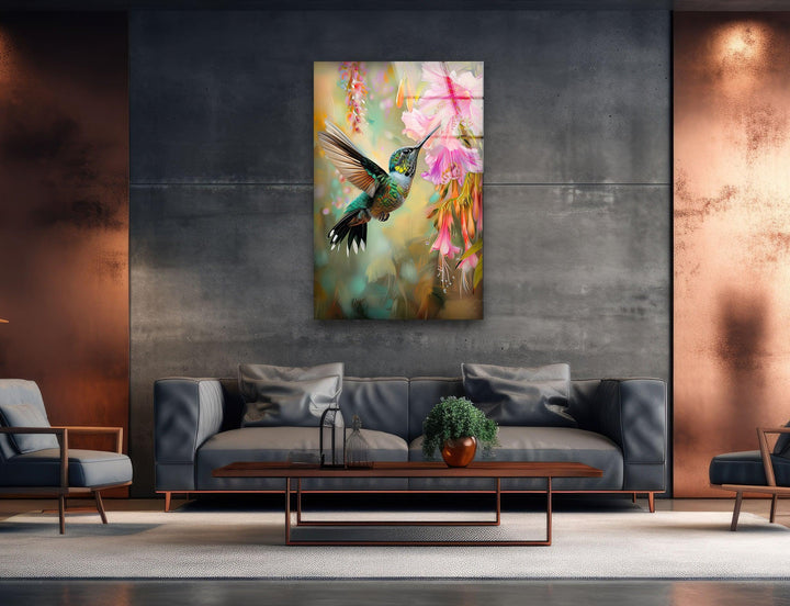 Hummingbird & Flower Glass Wall Art large glass photo prints, glass wall photos
