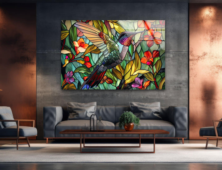 Green Stained Hummingbird Glass Wall Art stained glass wall art, stained glass wall decor
