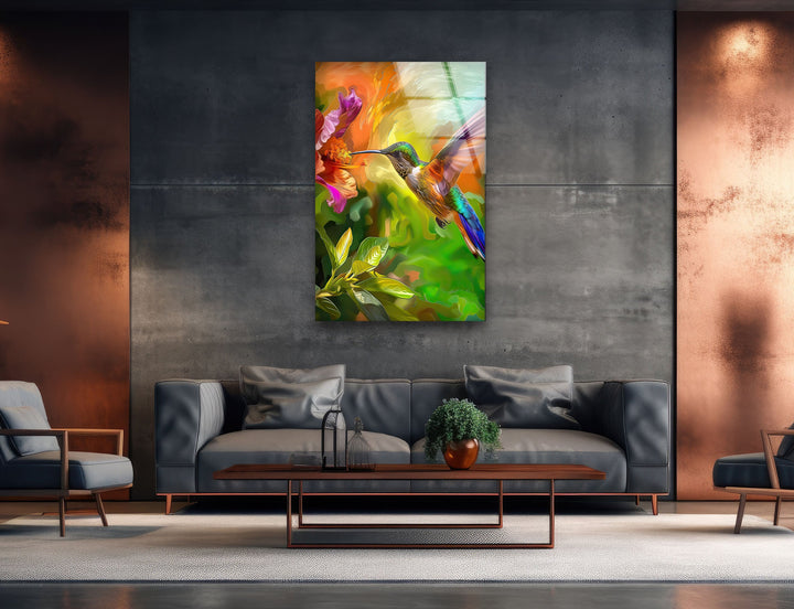 Green Hummingbird Oil Art Glass Wall Art custom glass pictures, glass art prints
