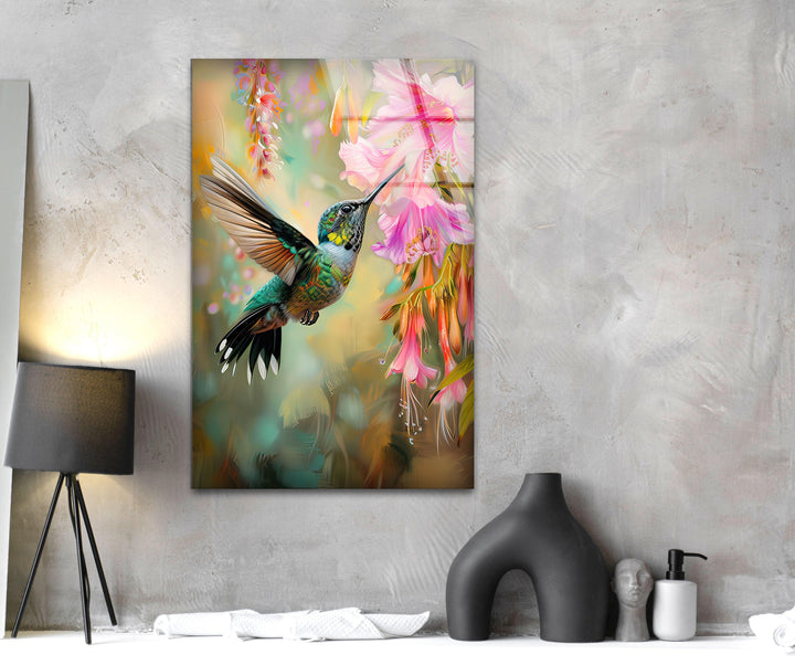 Hummingbird & Flower Glass Wall Art custom glass photo prints, large glass prints
