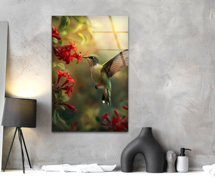 Green Hummingbird & Red Flowers Glass Wall Art Glass Printing Wall Art, Print photos on glass
