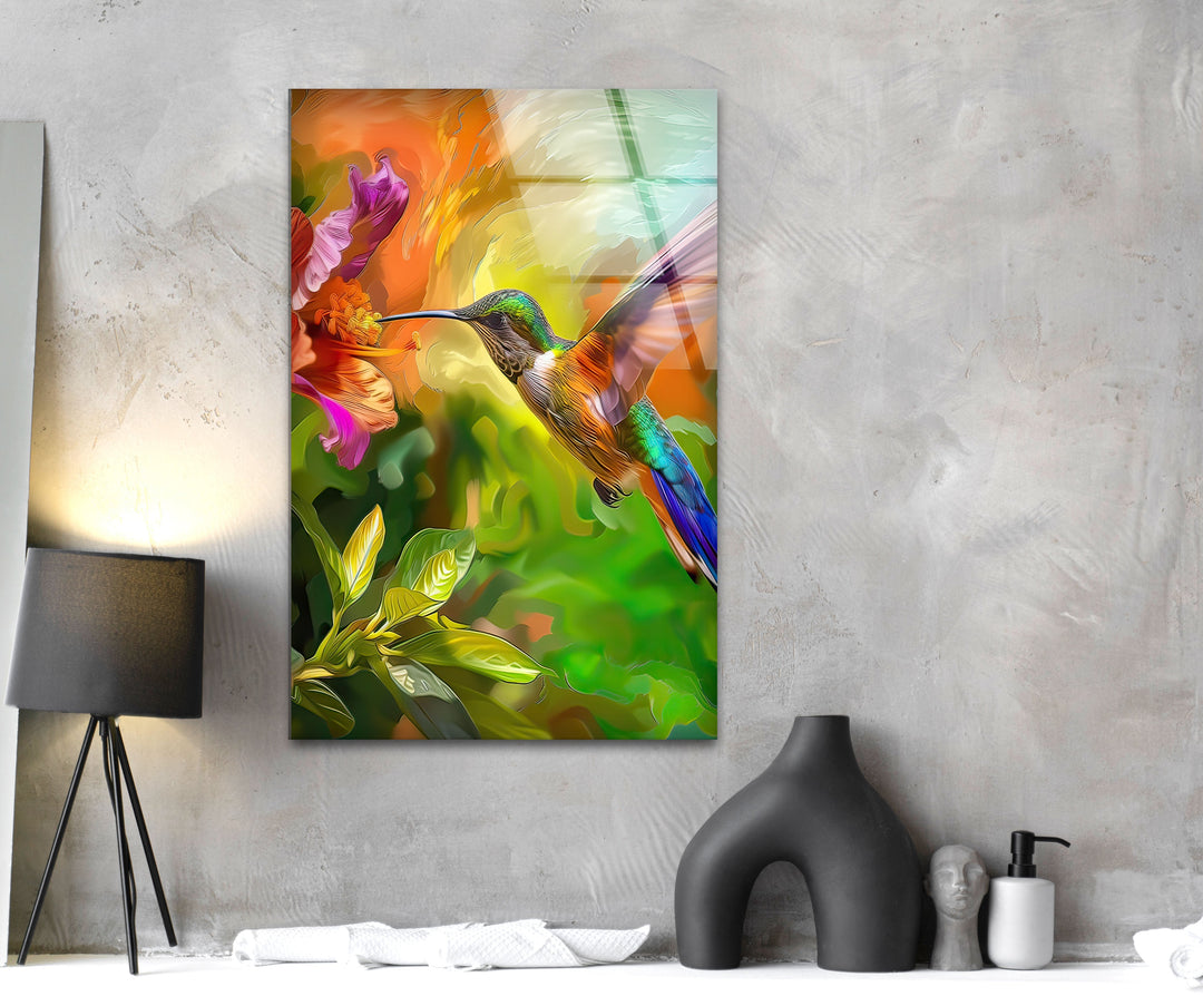 Green Hummingbird Oil Art Glass Wall Art photo print on glass, prints on glass wall art
