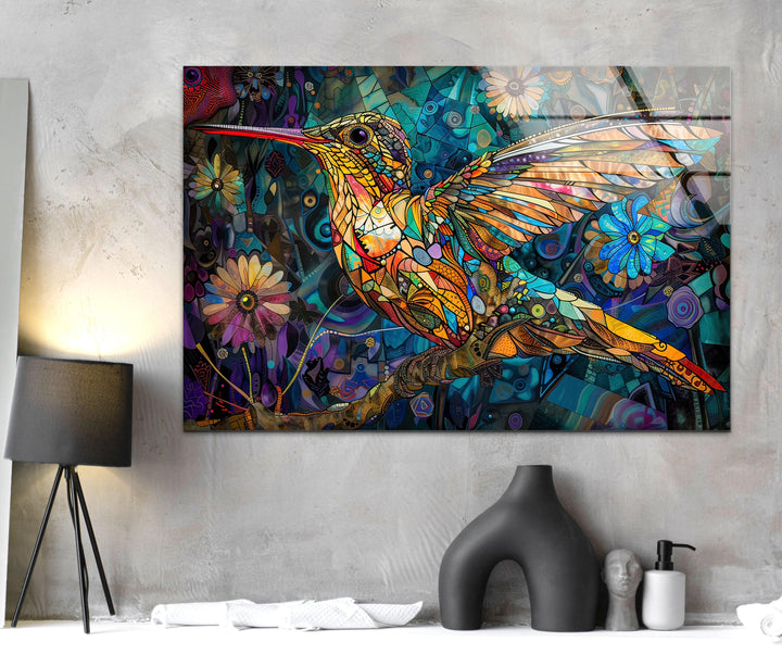 Blue Stained Hummingbird Glass Wall Art print on glass, glass printed photos
