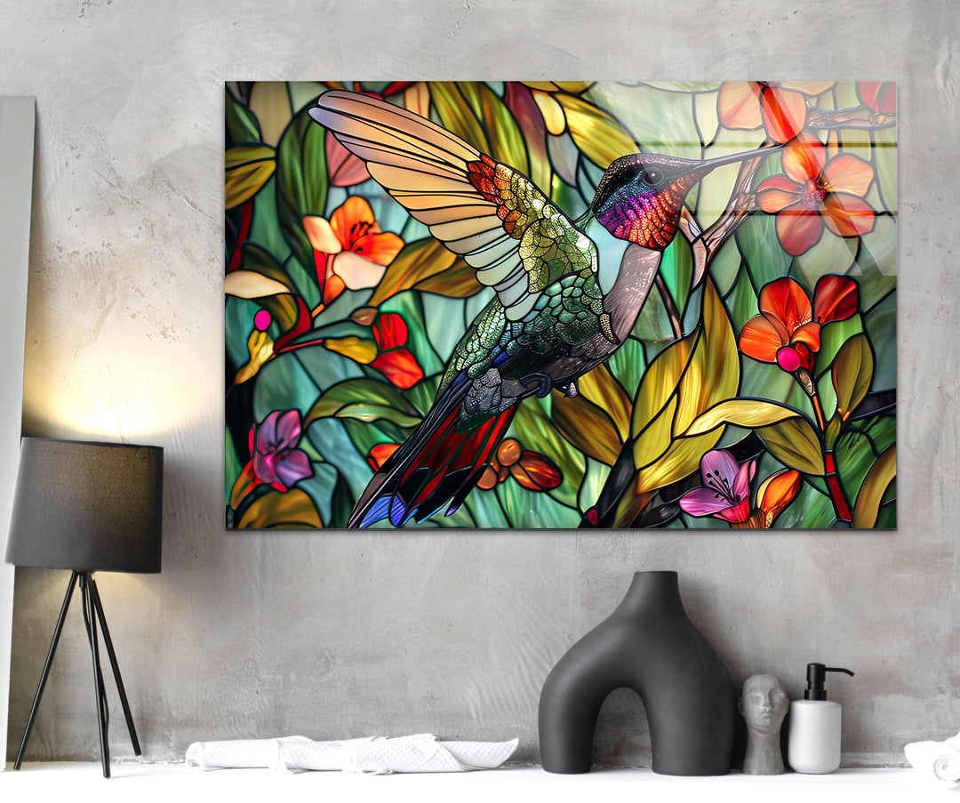 Green Stained Hummingbird Glass Wall Art glass art painting, glass art for the Wall
