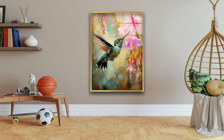 Hummingbird & Flower Glass Wall Art picture on glass wall art, photos printed on glass
