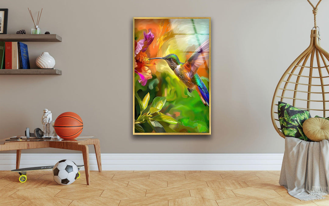 Green Hummingbird Oil Art Glass Wall Art large glass photo prints, glass wall photos
