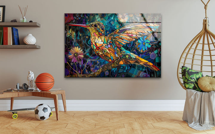 Blue Stained Hummingbird Glass Wall Art print picture on glass, Tempered Glass Wall Art
