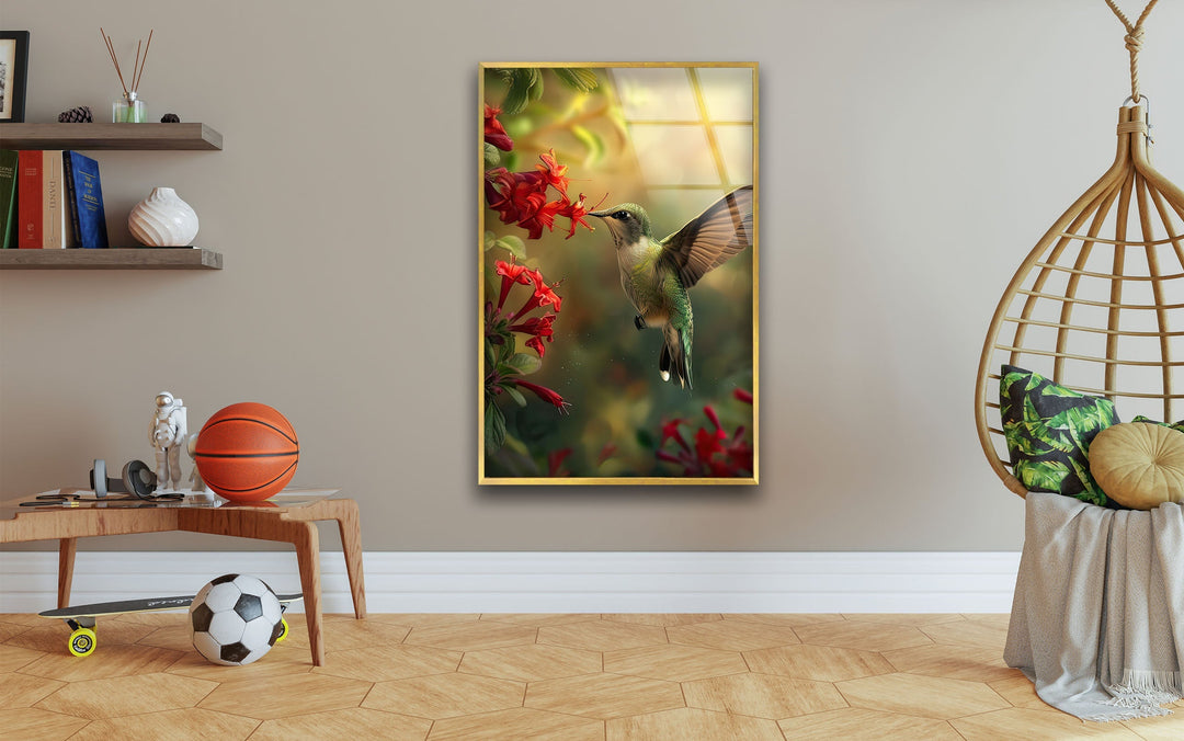 Green Hummingbird & Red Flowers Glass Wall Art glass photo prints, glass picture prints
