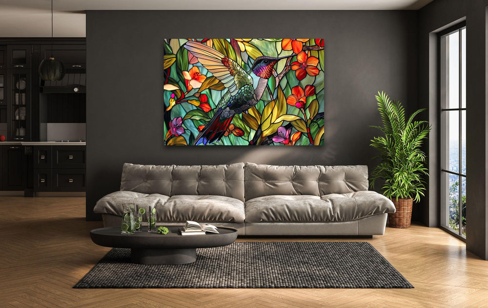 Green Stained Hummingbird Glass Wall Art custom glass photo prints, large glass prints
