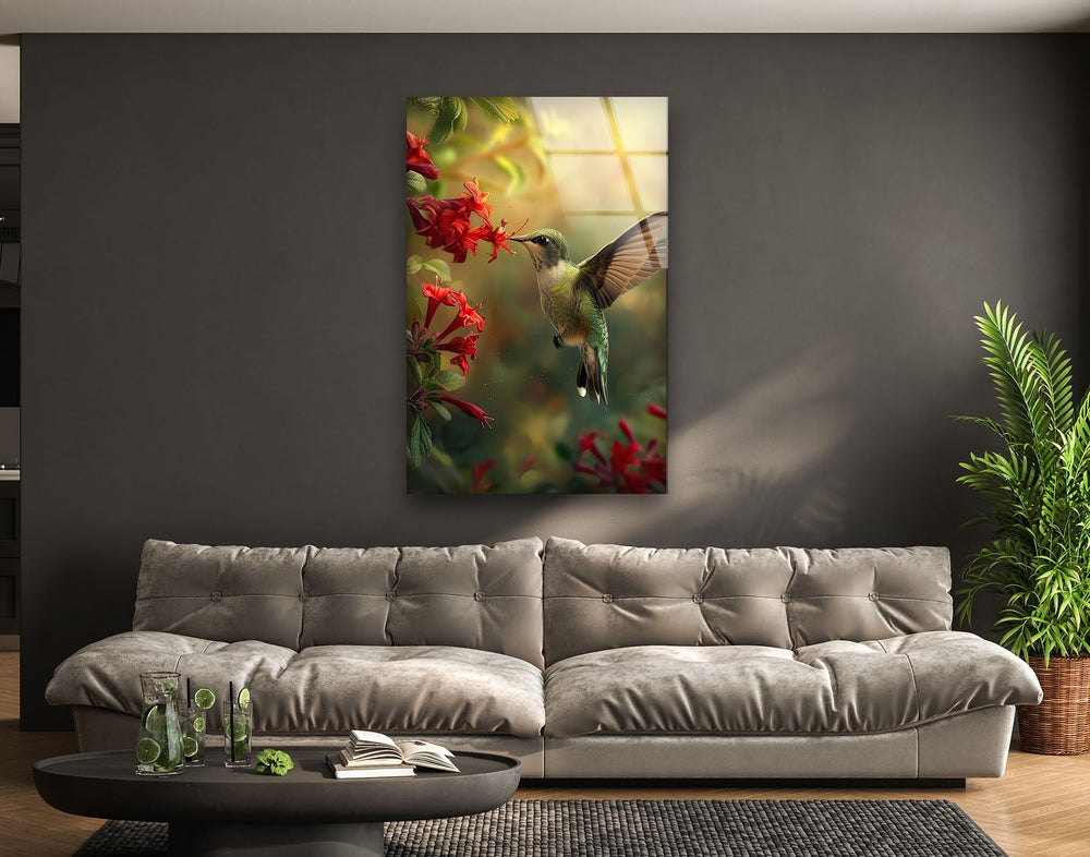 Green Hummingbird & Red Flowers Glass Wall Art print on glass, glass printed photos
