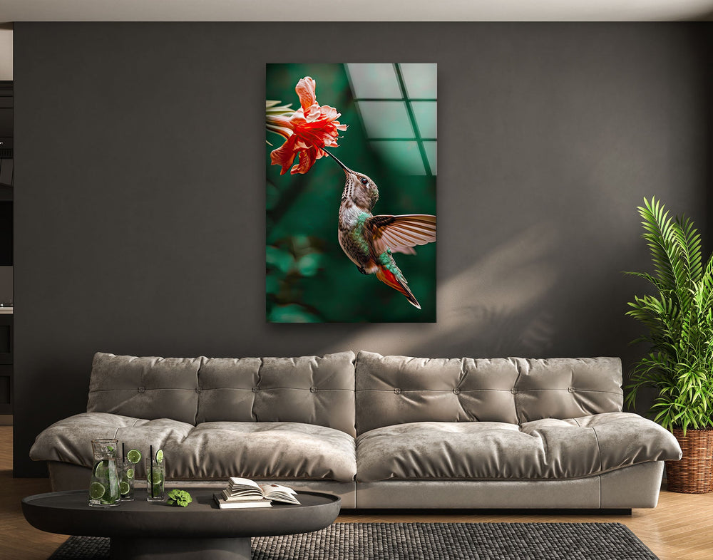 Green Hummingbird & Red Flower Glass Wall Art glass art painting, glass art for the Wall
