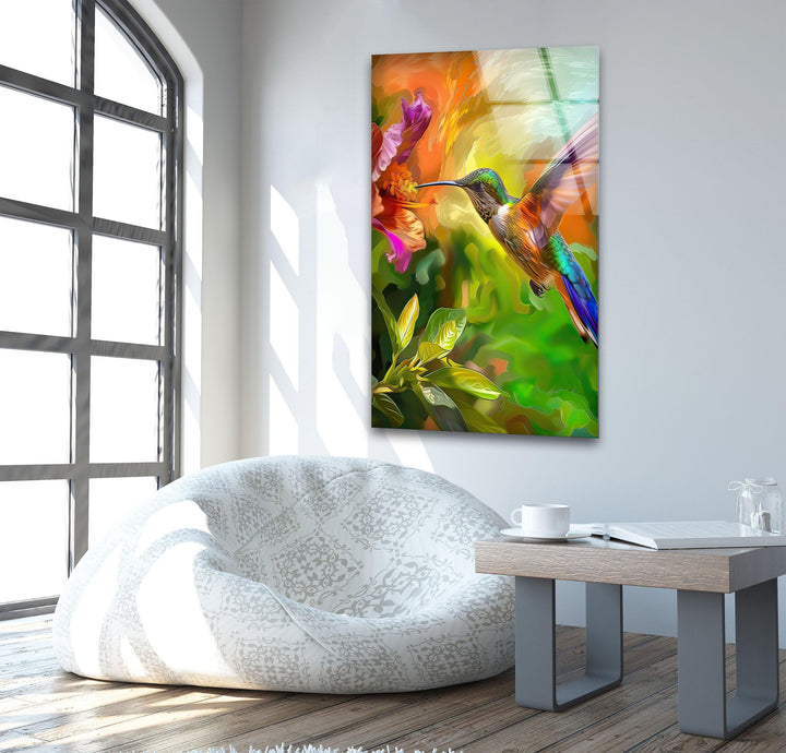 Green Hummingbird Oil Art Glass Wall Art custom glass photo prints, large glass prints
