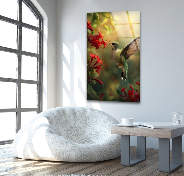 Green Hummingbird & Red Flowers Glass Wall Art glass image printing, glass prints from photos
