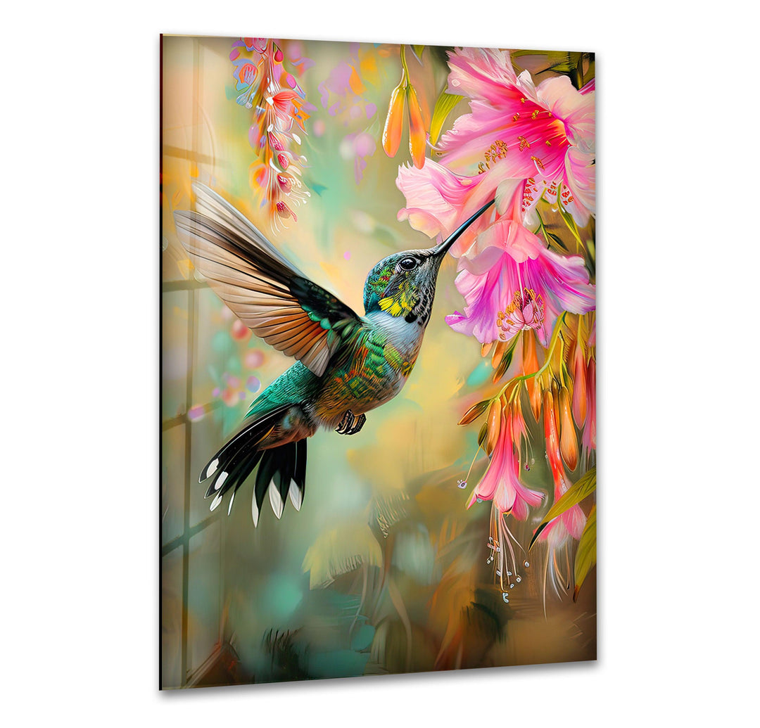 Hummingbird & Flower Glass Wall Art glass art painting, glass art for the Wall
