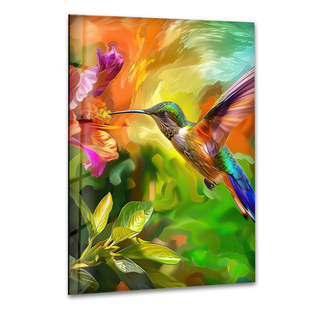 Green Hummingbird Oil Art Glass Wall Art glass art painting, glass art for the Wall
