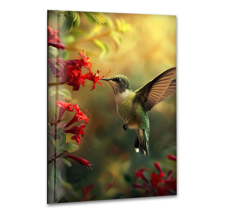 Green Hummingbird & Red Flowers Glass Wall Art picture on glass wall art, photos printed on glass
