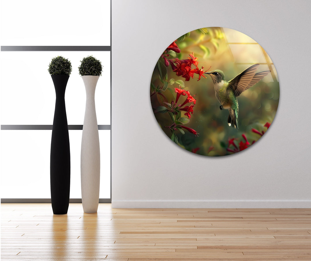 Green Hummingbird & Red Flowers Glass Wall Art glass pictures for Wall, glass prints wall art
