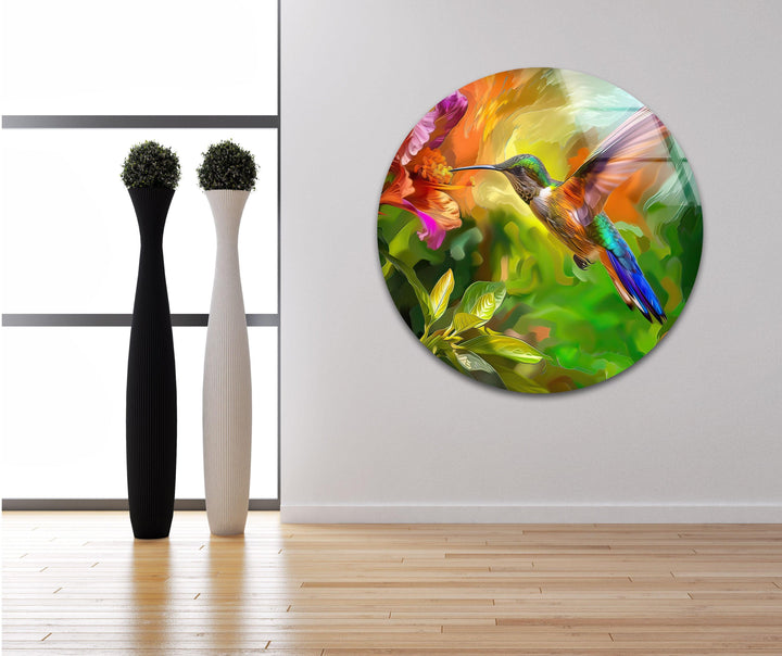 Green Hummingbird Oil Art Glass Wall Art picture on glass wall art, photos printed on glass
