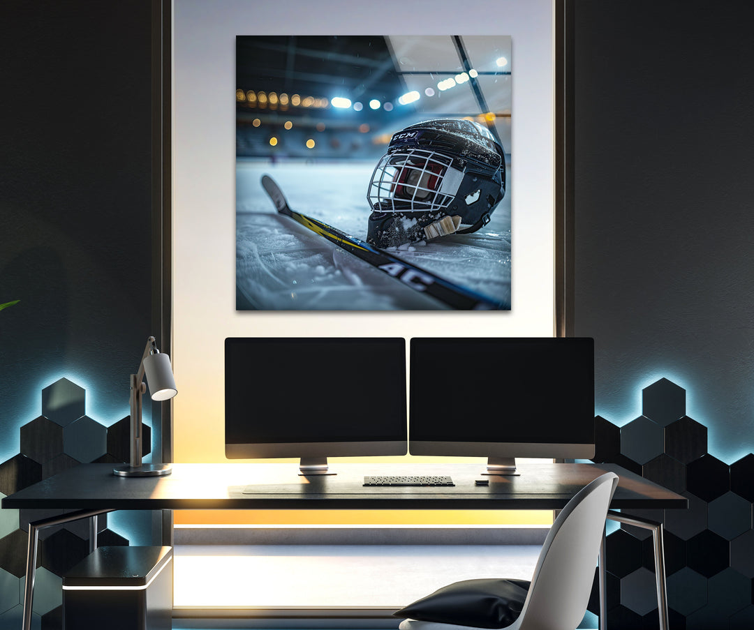 Ice Hockey Helmet Glass Wall Art picture on glass wall art, photos printed on glass
