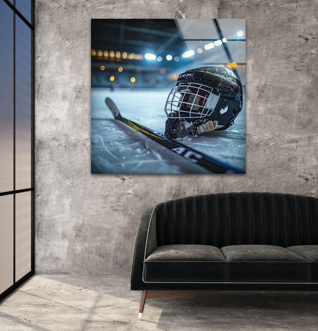 Ice Hockey Helmet Glass Wall Art large glass photo prints, glass wall photos
