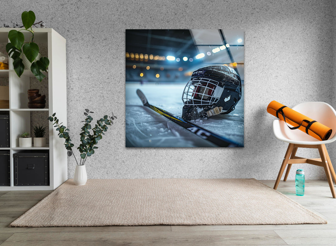 Ice Hockey Helmet Glass Wall Art custom glass photo prints, large glass prints
