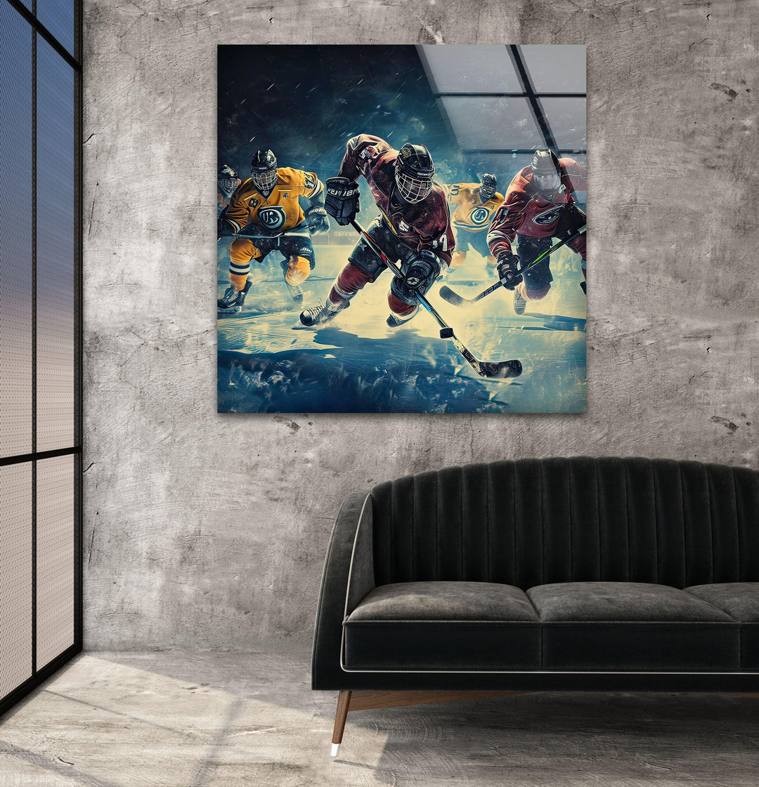 Ice Hockey Players Glass Wall Art glass photo prints, glass picture prints
