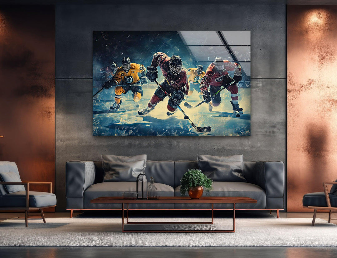 Ice Hockey Players Glass Wall Art photo print on glass, prints on glass wall art
