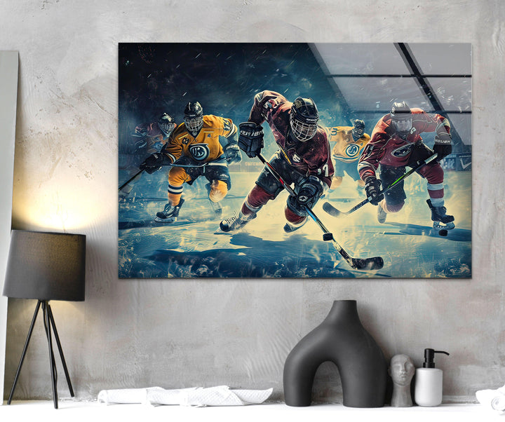 Ice Hockey Players Glass Wall Art large glass photo prints, glass wall photos
