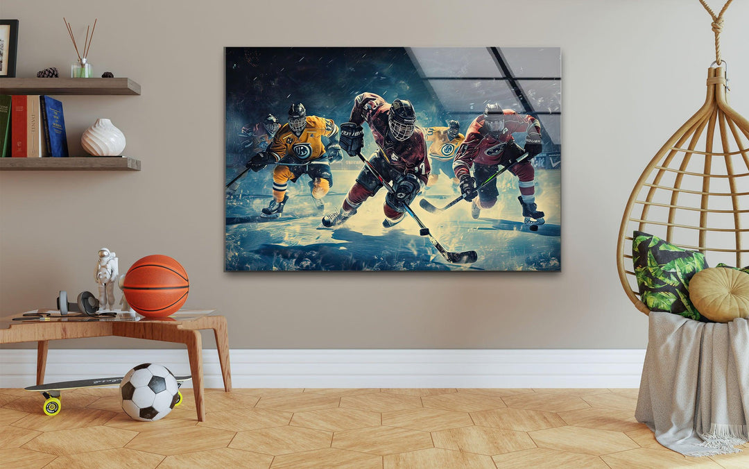 Ice Hockey Players Glass Wall Art custom glass photo prints, large glass prints
