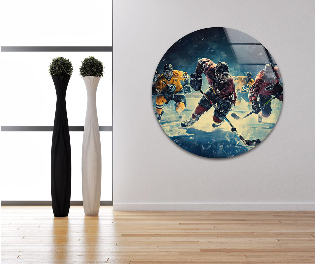 Ice Hockey Players Glass Wall Art print on glass, glass printed photos
