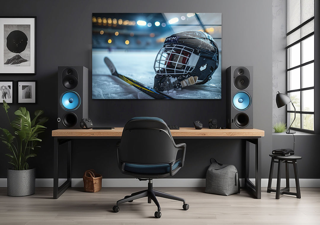 Ice Hockey Helmet Glass Wall Art print on glass, glass printed photos
