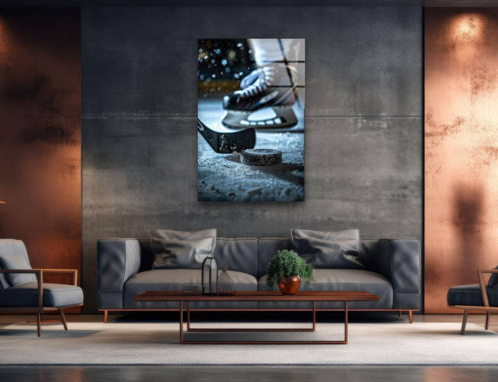 Snowy Ice Hockey Glass Wall Art custom glass pictures, glass art prints
