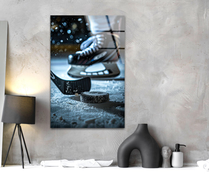 Snowy Ice Hockey Glass Wall Art photo print on glass, prints on glass wall art
