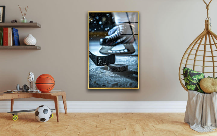 Snowy Ice Hockey Glass Wall Art large glass photo prints, glass wall photos
