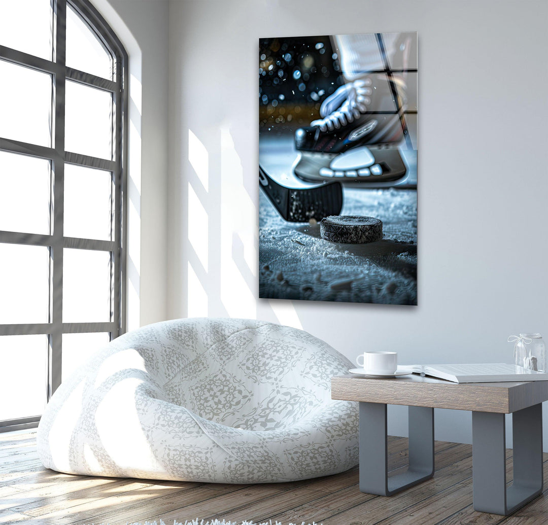 Snowy Ice Hockey Glass Wall Art custom glass photo prints, large glass prints
