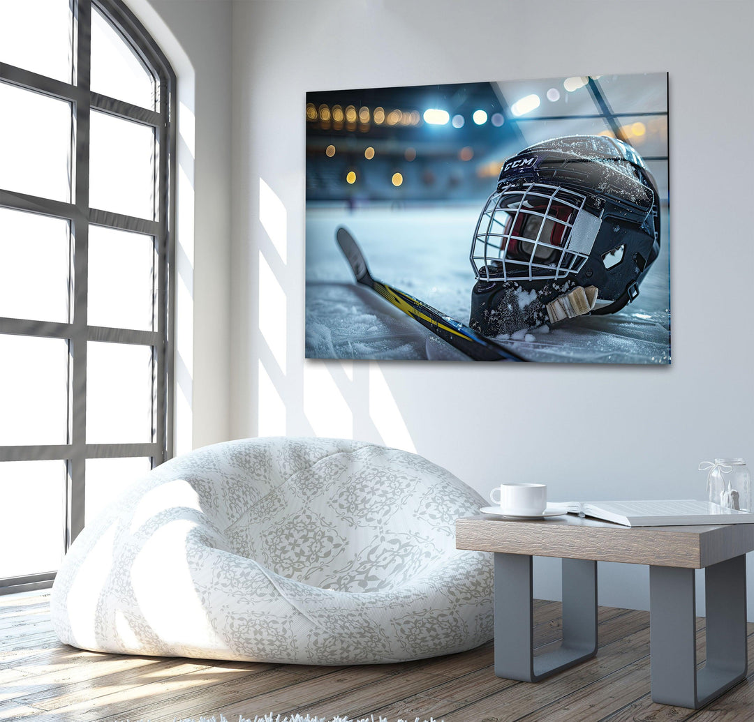 Ice Hockey Helmet Glass Wall Art custom glass pictures, glass art prints
