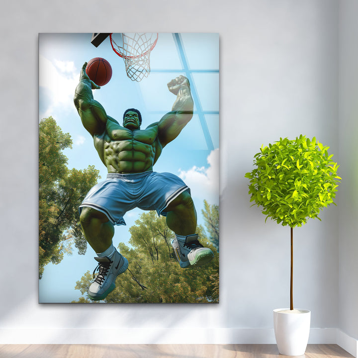 Hulk Playing Basketball Glass Wall Art custom glass pictures, glass art prints
