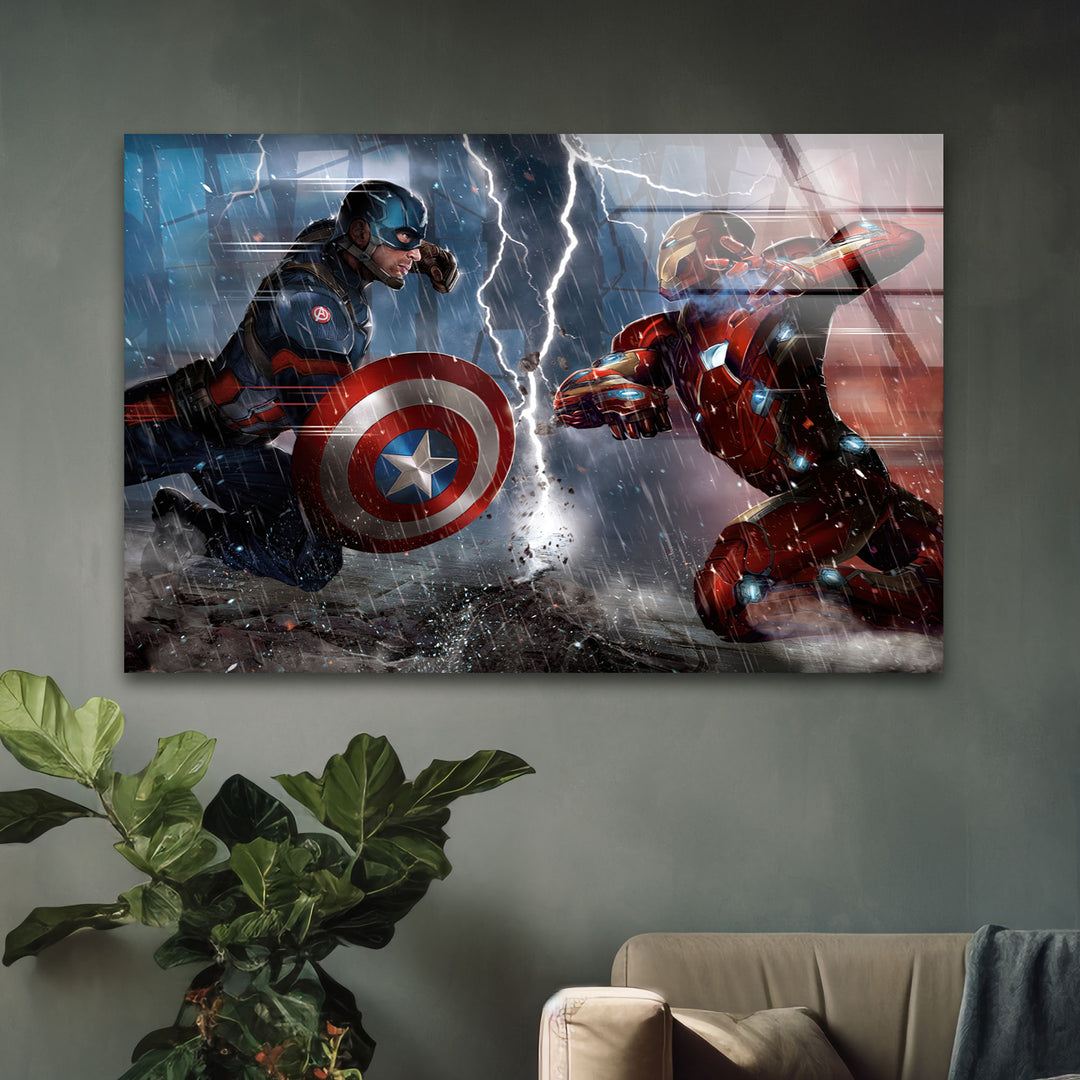 Captain America vs Iron Man Civil War Glass Wall Art custom glass photo prints, large glass prints
