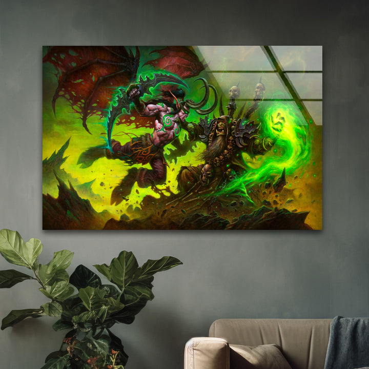 Warcraft Illidan Stormrage vs Gul'dan Glass Wall Art glass image printing, glass prints from photos
