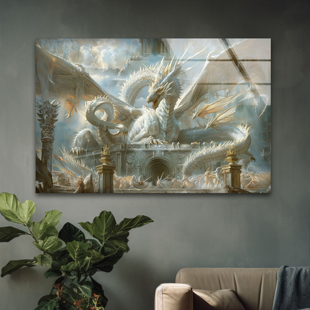 White Dragon Presiding Glass Wall Art art glass wall art, glass wall art pictures
