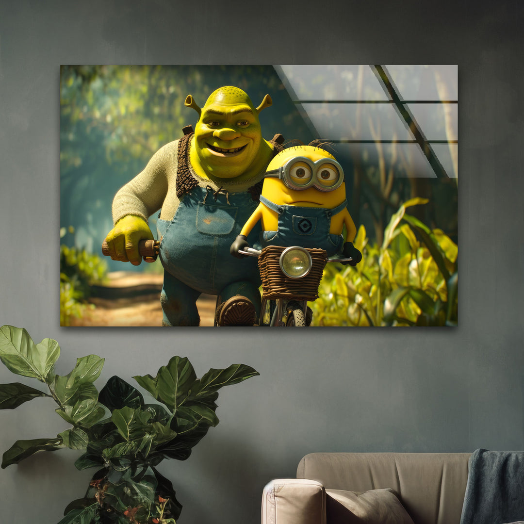 Shrek and Minion Glass Wall Art glass art painting, glass art for the Wall
