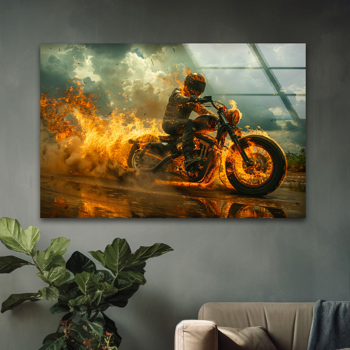 Fiery Motorcycle and Rider Glass Wall Art glass pictures for Wall, glass prints wall art
