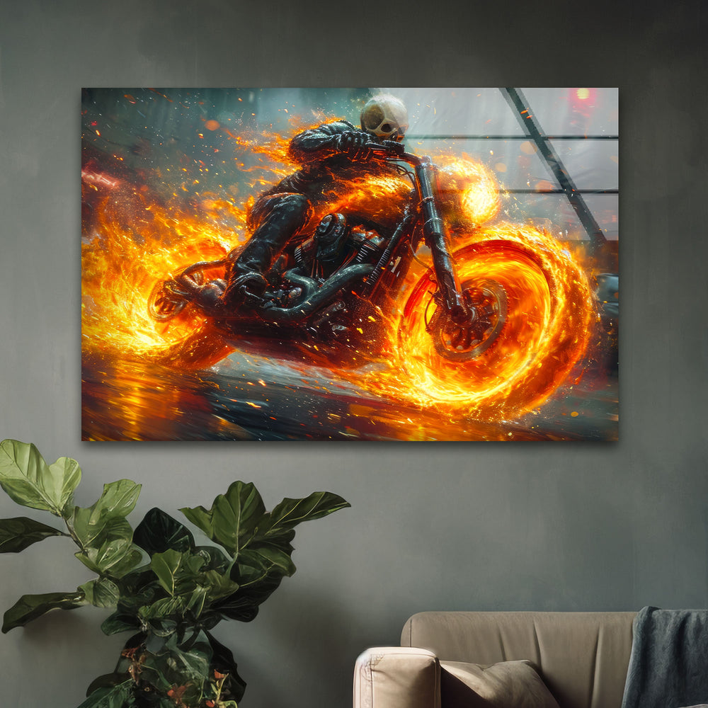 Ghost Rider Riding a Fire Motor Glass Wall Art