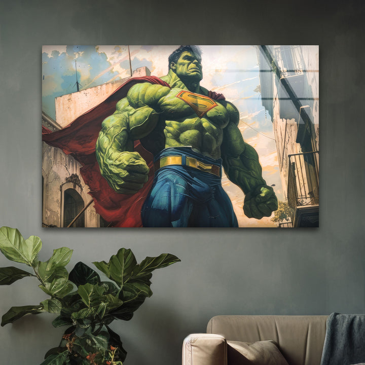 Superman Costume Hulk Glass Wall Art, picture on glass wall art, photos printed on glass