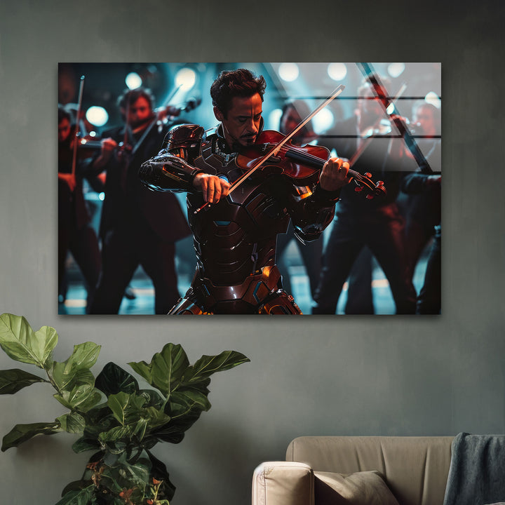 Violinist Iron Man Glass Wall Art glass pictures for Wall, glass prints wall art
