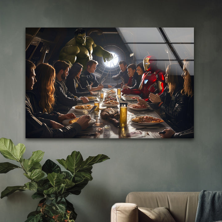 Marvel Avengers at Dinner Glass Wall Art Glass Printing Wall Art, Print photos on glass
