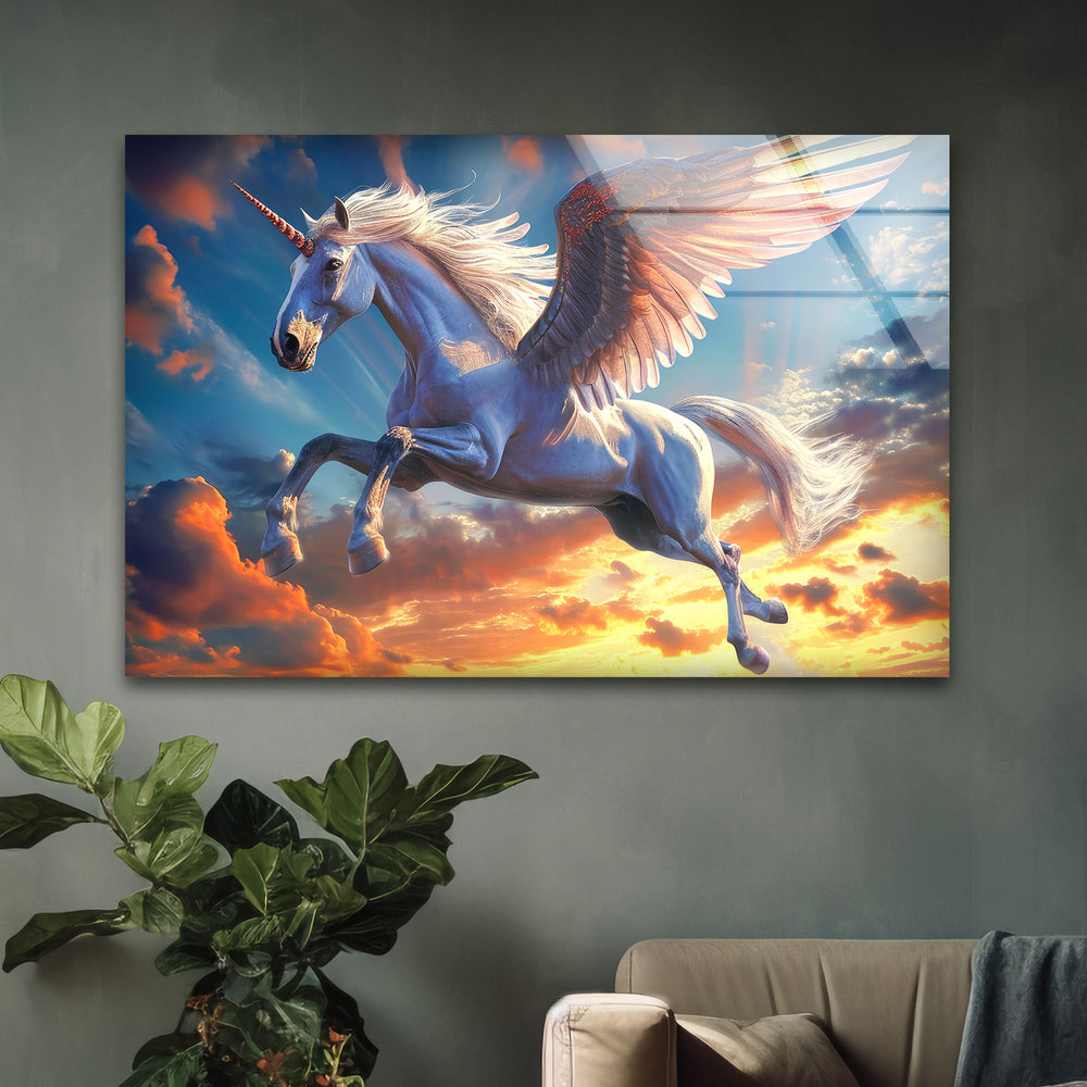 Winged Unicorn Glass Wall Art,             glass wall decor, glass wall art decor